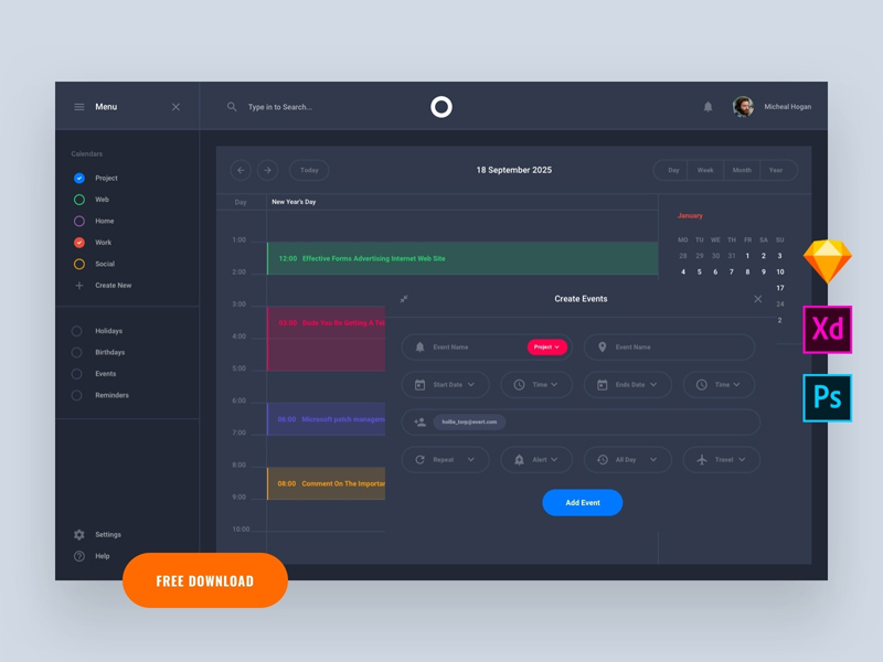 Adobe Xd Dark Calendar Dashboard Template | Free Xd Templates